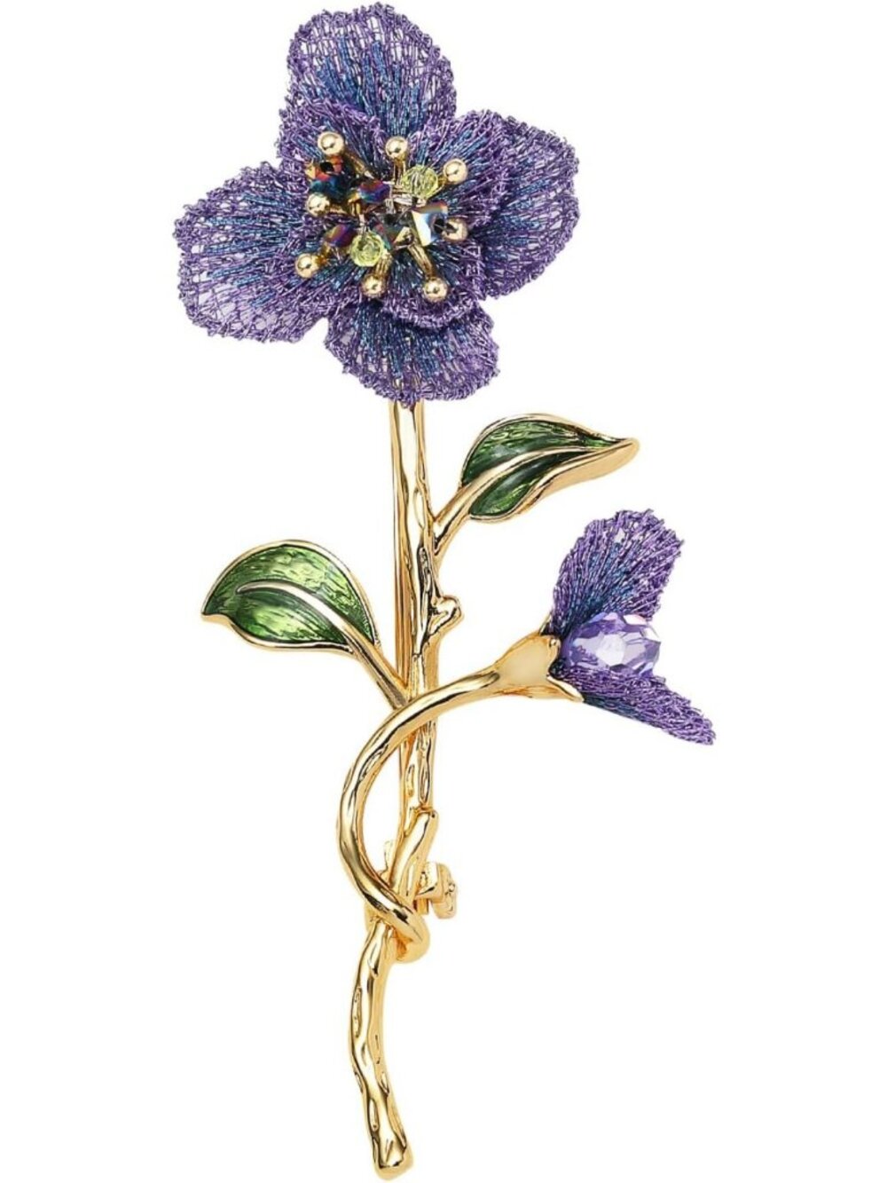 Handmade Floral Brooch - Gold Thread Embroidery & Enamel Leaf, Vintage Botanical